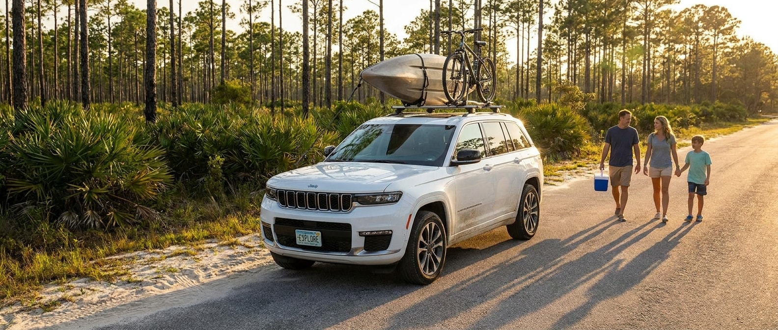 Used Jeep Grand Cherokee parked on Florida Panhandle road, Gulf Coast outdoor setting