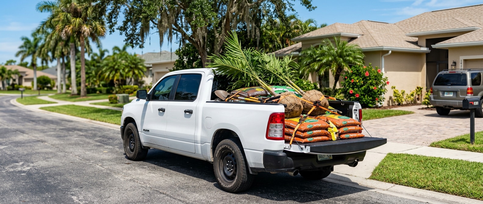 2026 Ram 1500 loaded with mulch bags in the bed, Panama City FL landscaping haul