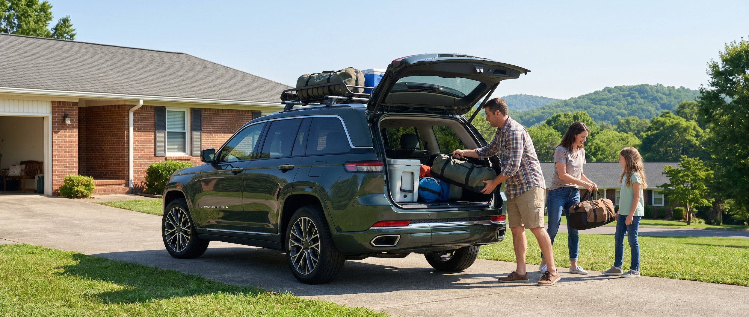 Jeep Grand Cherokee L three-row SUV parked near Leeds, AL with family lifestyle setting