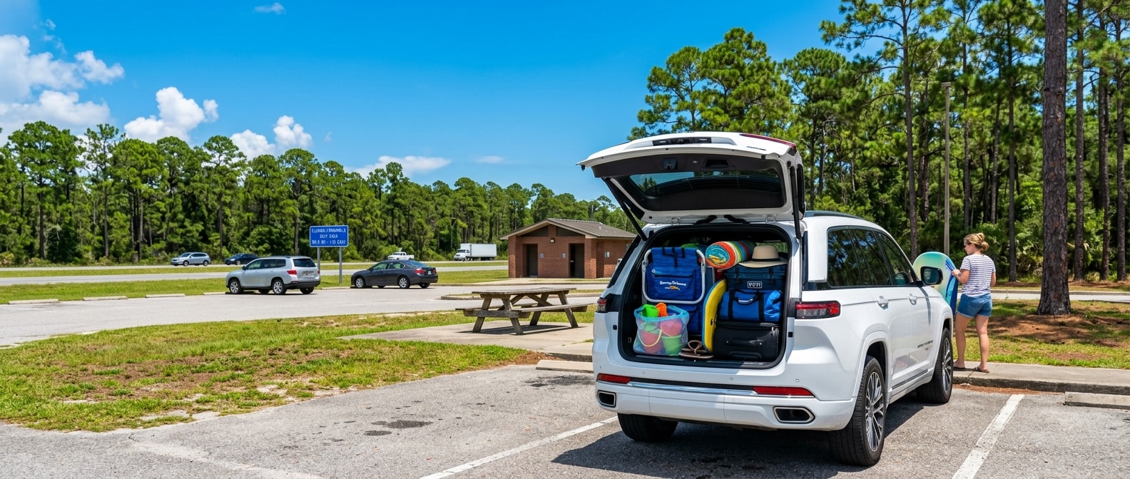 2026 Jeep Grand Cherokee loaded for a road trip from Panama City to Mobile on I-10, cargo area open at a Florida Panhandle rest stop