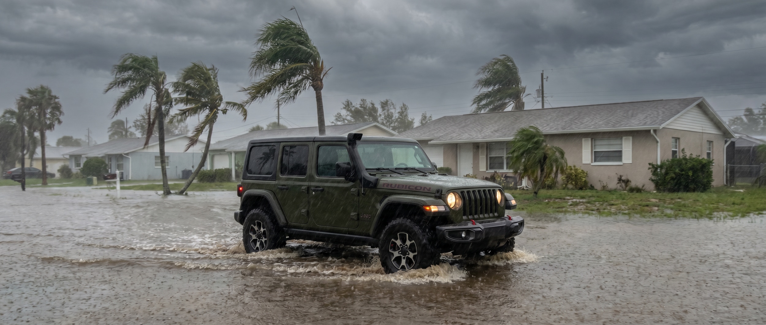Jeep Wrangler driving through summer storm flooding in Panama City, FL