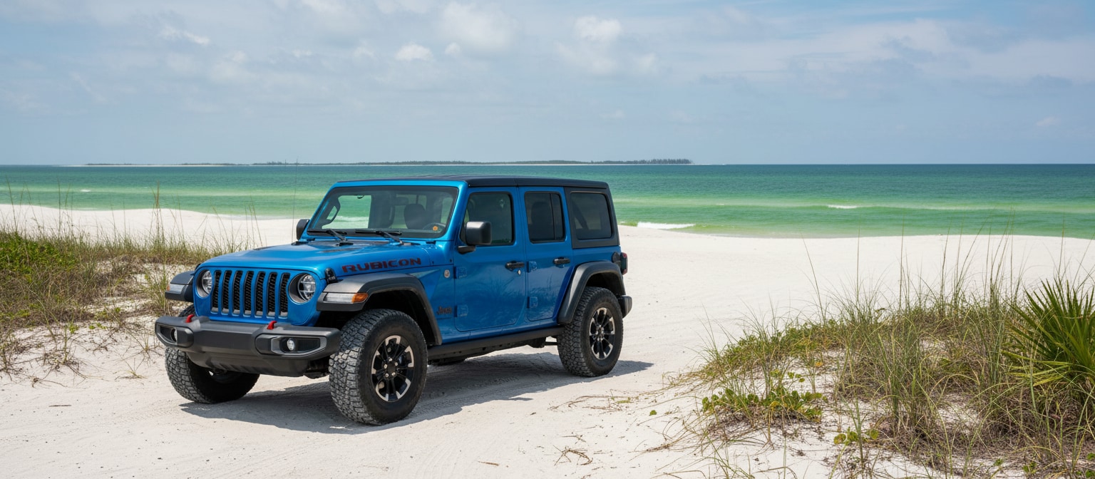 Jeep Wrangler 4xe plug-in hybrid at Panama City Beach FL showing electric charging port