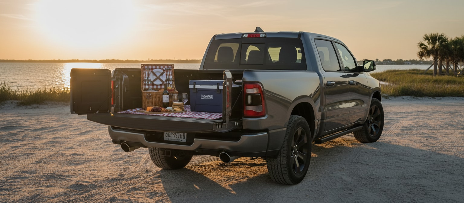 Ram 1500 multifunction tailgate setup for beach picnic in Panama City.