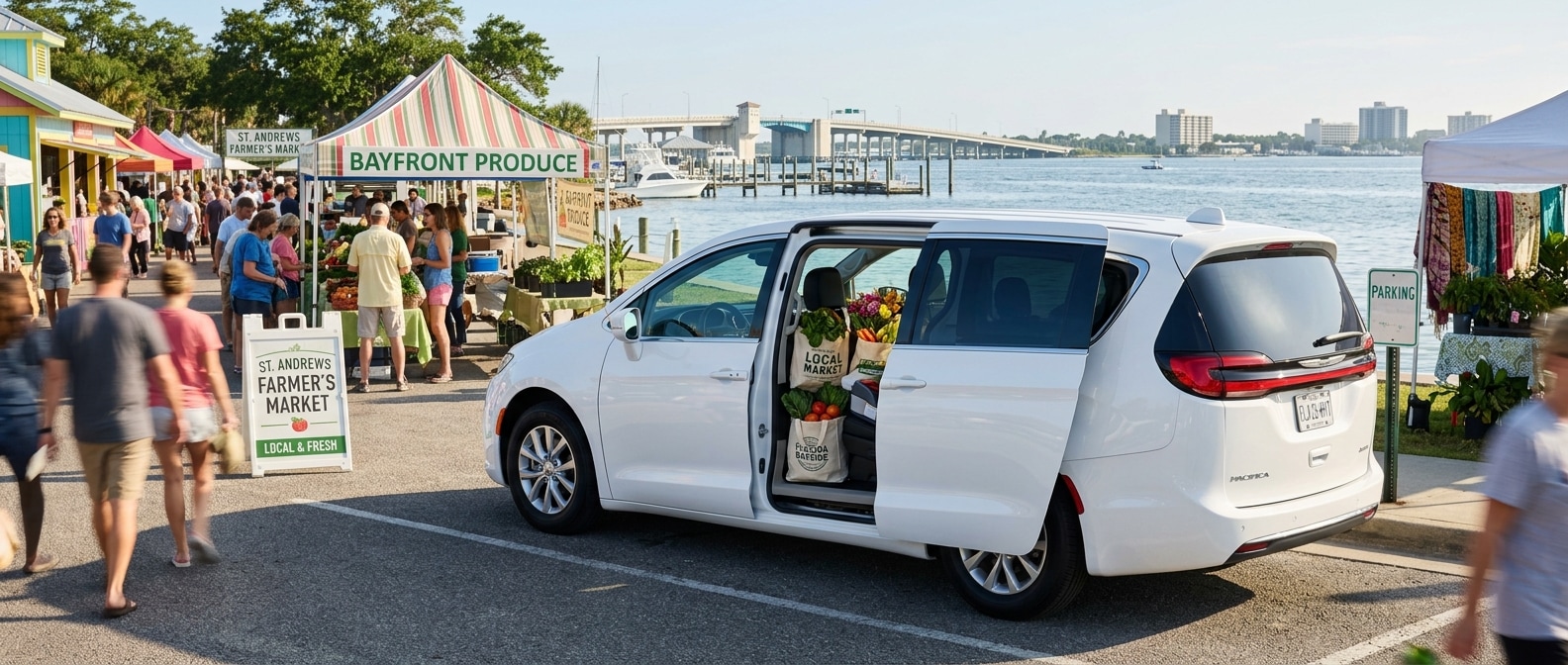 2026 Chrysler Pacifica at a waterfront farmer's market in Panama City FL with sliding door open and produce bags visible