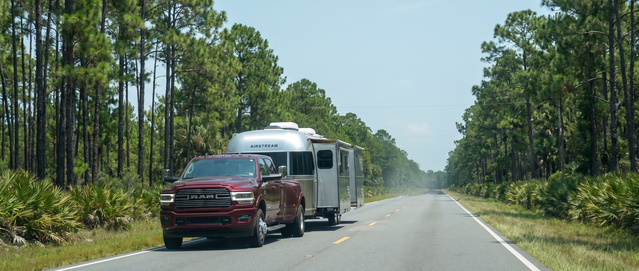 Ram Heavy Duty truck hitched to a travel trailer on a Bay County Florida highway bound for a Gulf Coast state park campground