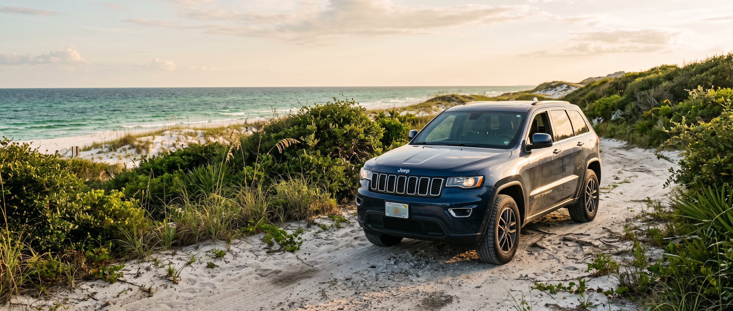 Used 2019-2021 Jeep Grand Cherokee parked at a Gulf Coast beach access road near Panama City, FL