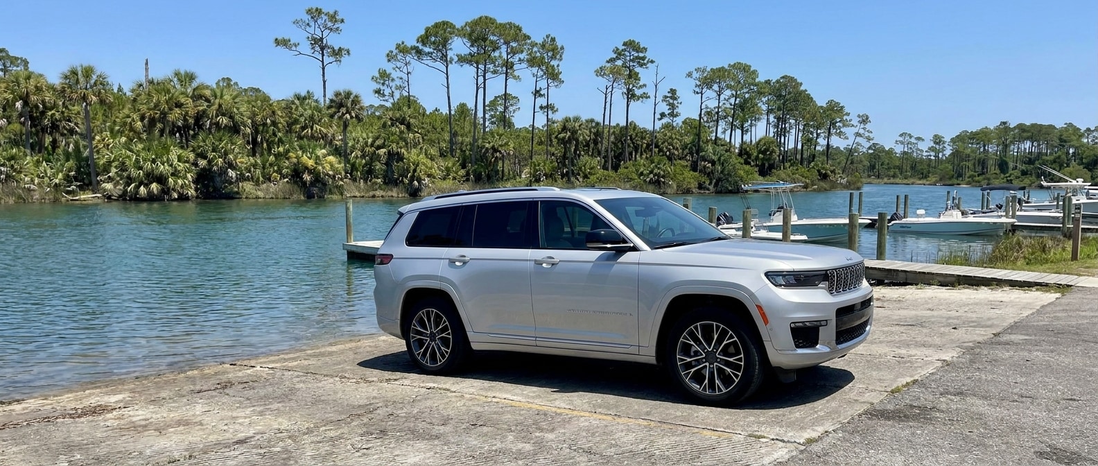2023 Jeep Grand Cherokee L at a Florida Panhandle coastal boat ramp on a summer day
