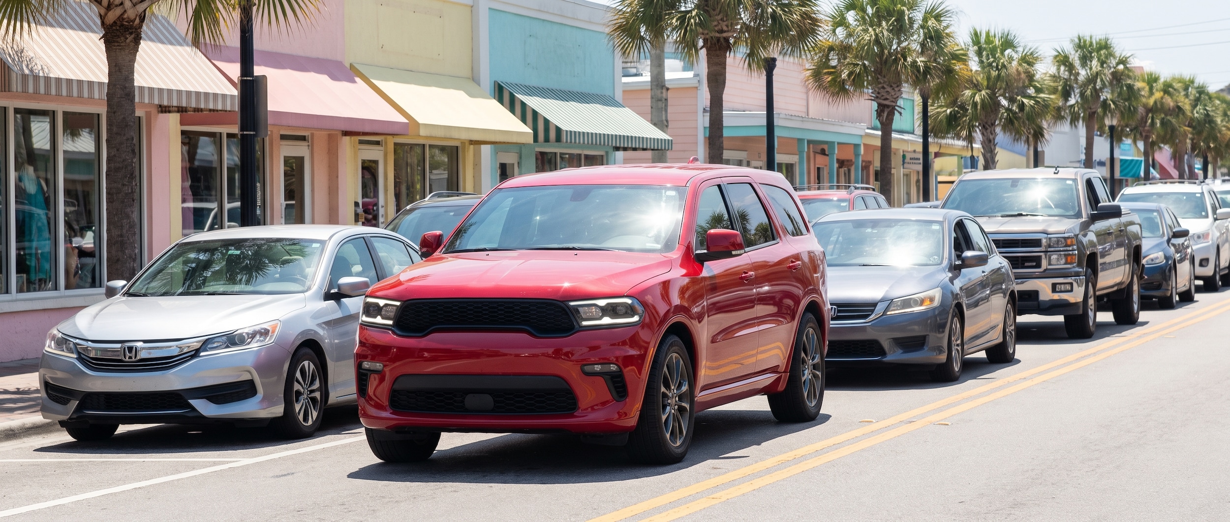 Dodge Durango in stop-and-go summer traffic on a Florida coastal highway on a hot July day