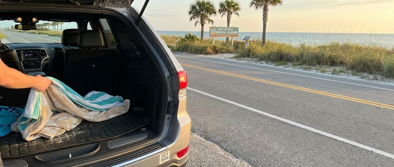 Cleaning sandy beach gear out of a Jeep Grand Cherokee interior near Panama City Beach, FL in fall 2026