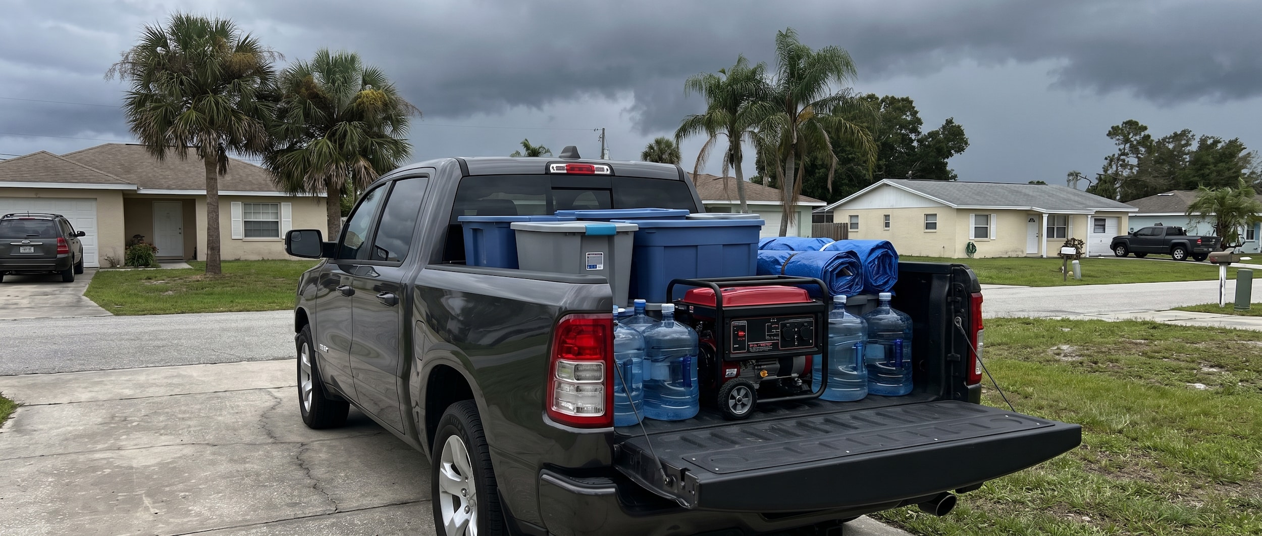 2026 Ram 1500 bed loaded with hurricane supplies including generator, water jugs, and storage bins in Bay County, Florida