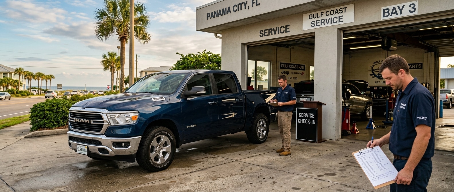 2026 Ram 1500 at a Panama City, FL service bay with a technician reviewing maintenance records