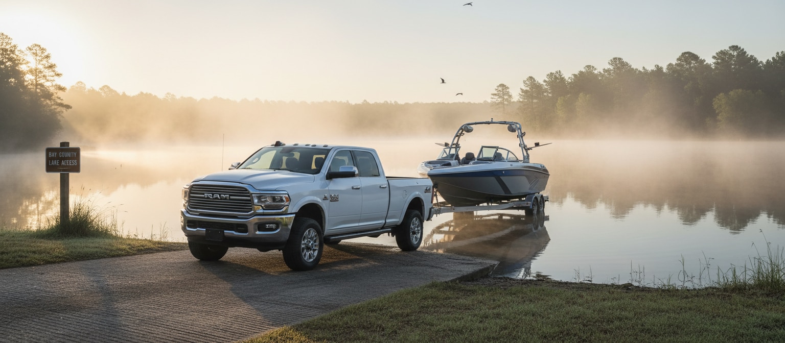 Ram 2500 towing boat at lake launch Birmingham AL