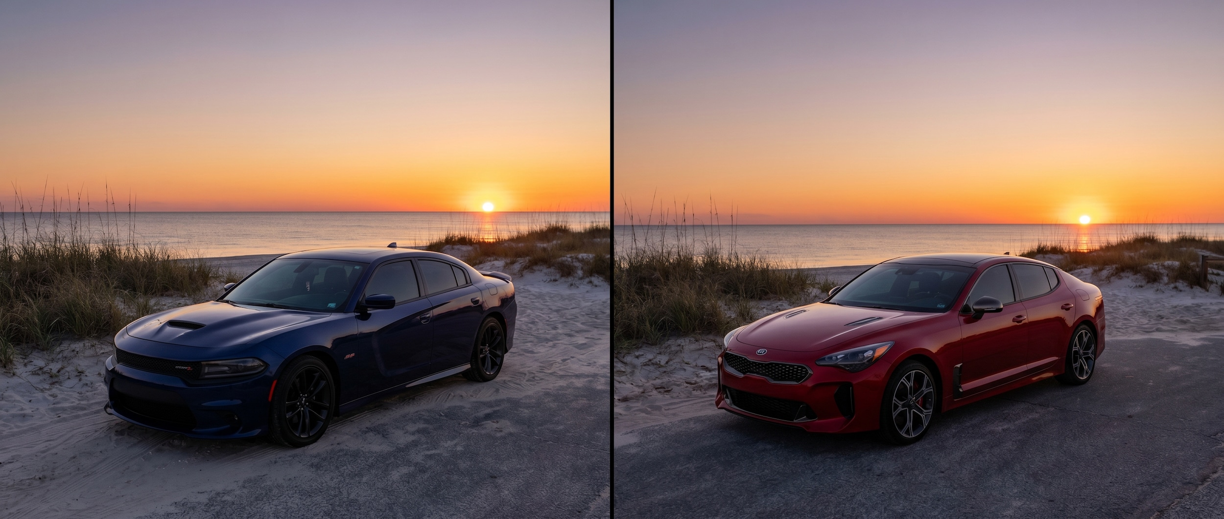 Dodge Charger and Kia Stinger comparison in Panama City FL showing performance sedans