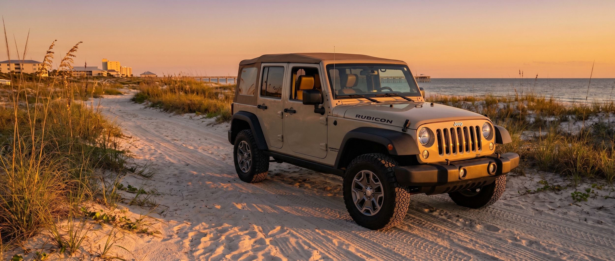 Used Jeep Wrangler on beach access road near Panama City, FL