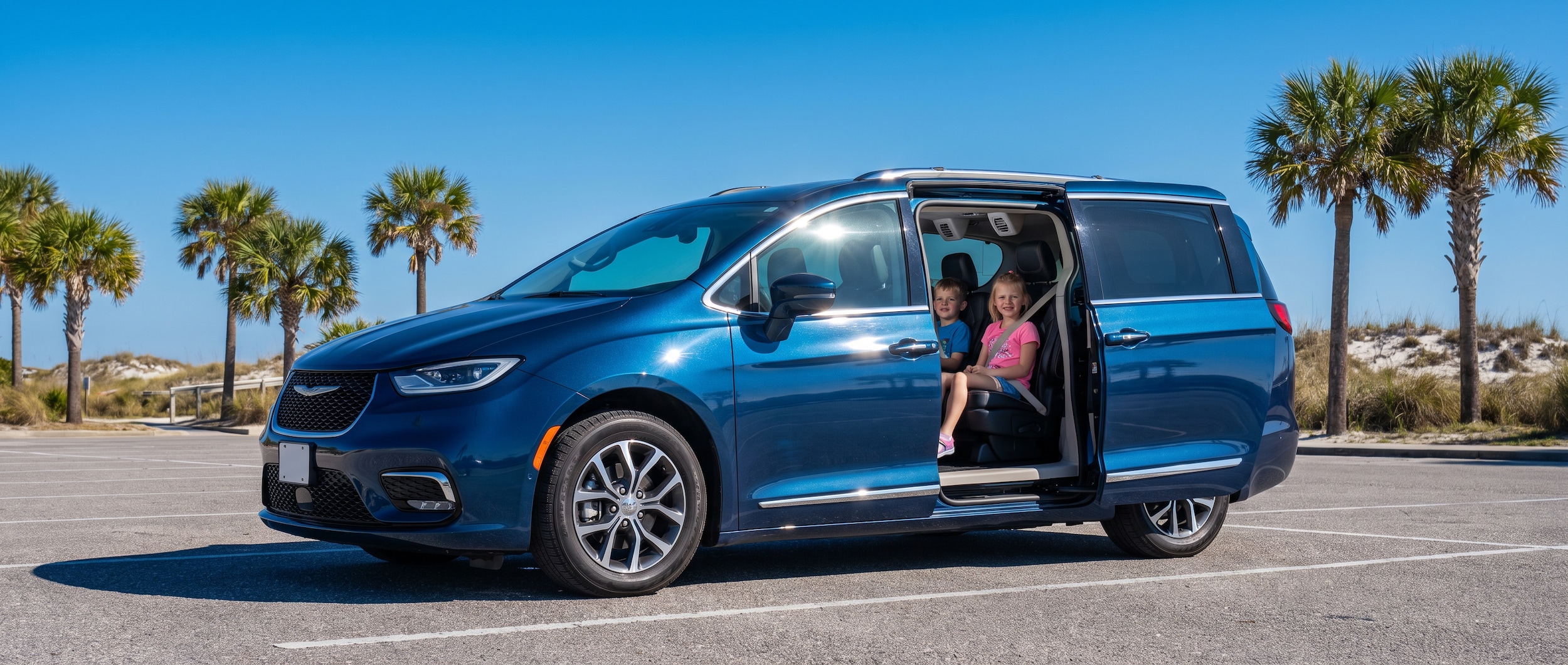 2026 Chrysler Pacifica rear sliding door open with children in back seat on a hot Panama City Florida summer day