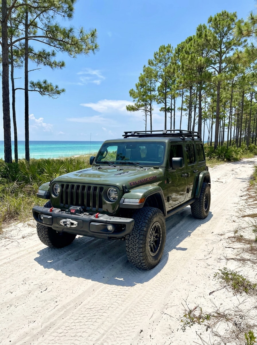 2026 Jeep Wrangler Rubicon on a sugar-sand coastal trail near Panama City Beach, Florida Panhandle