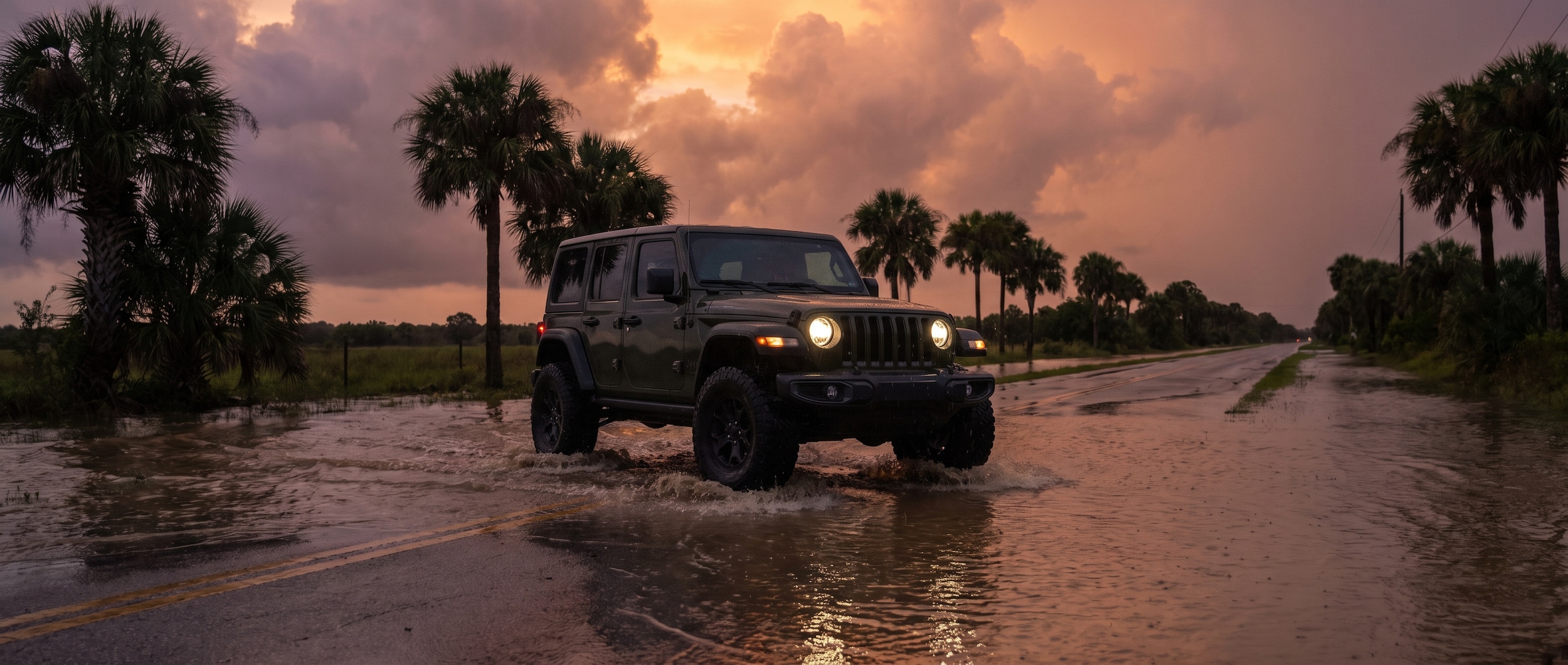 2026 Jeep Wrangler driving through flooded Panama City road during summer storm