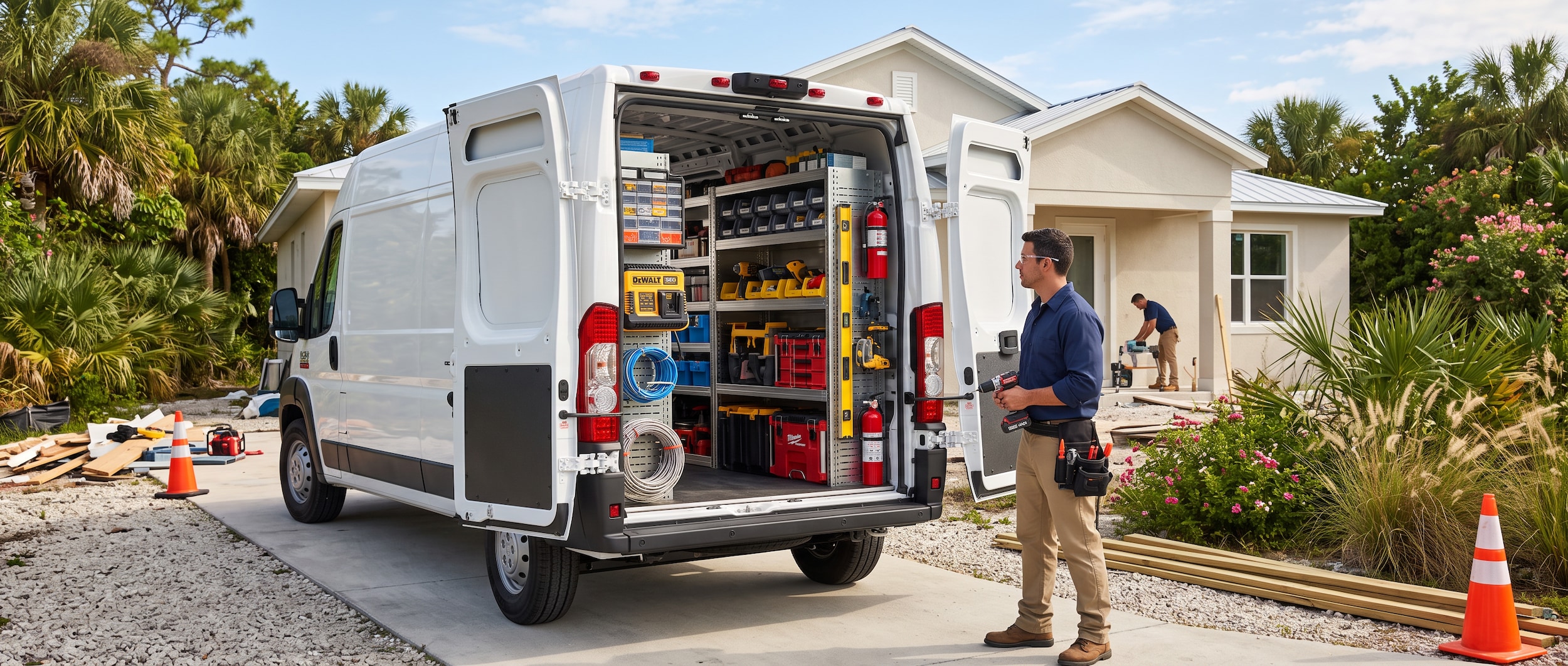 2026 Ram ProMaster cargo van open rear doors showing trade upfit shelving at a Panama City FL residential job site