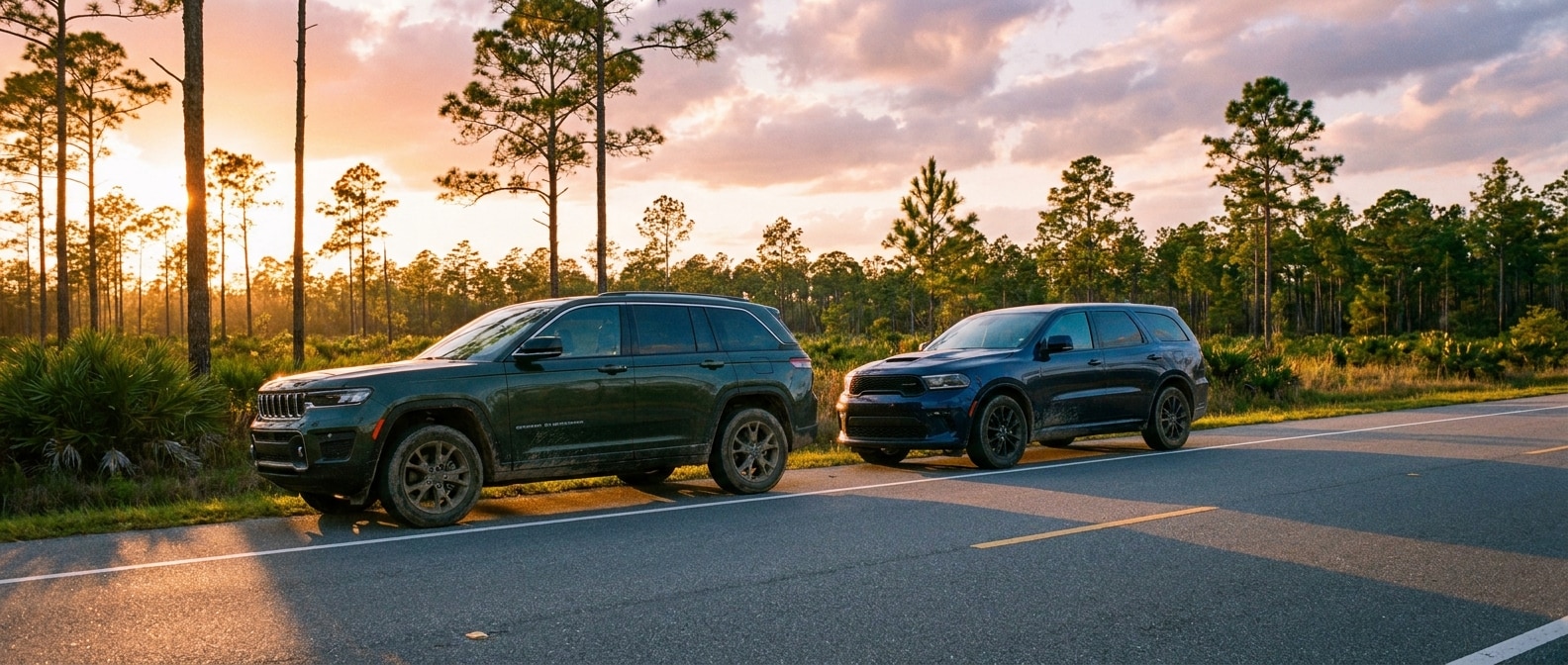 2026 Jeep Grand Cherokee and 2026 Dodge Durango parked on a Florida Panhandle highway in fall light