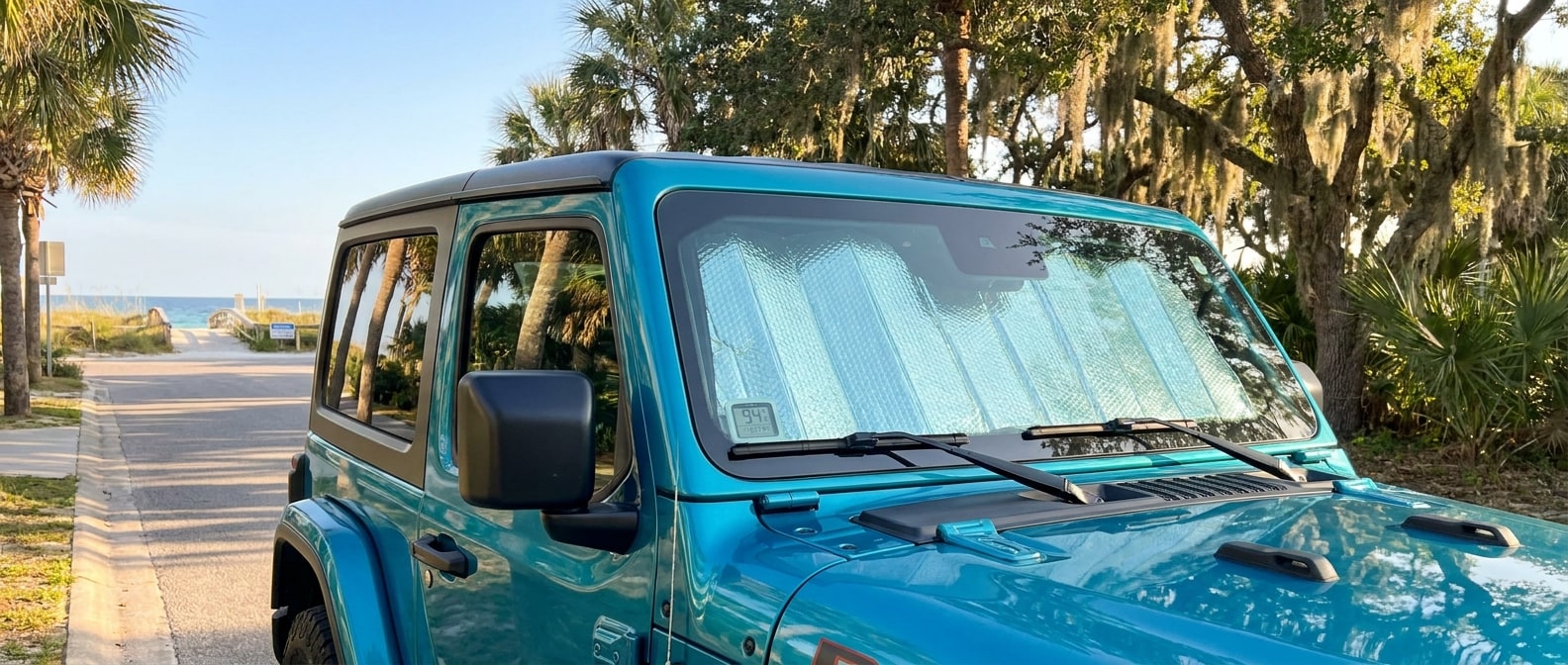 2026 Jeep Wrangler parked in Panama City FL sun with windshield sunshade protecting dashboard from UV damage