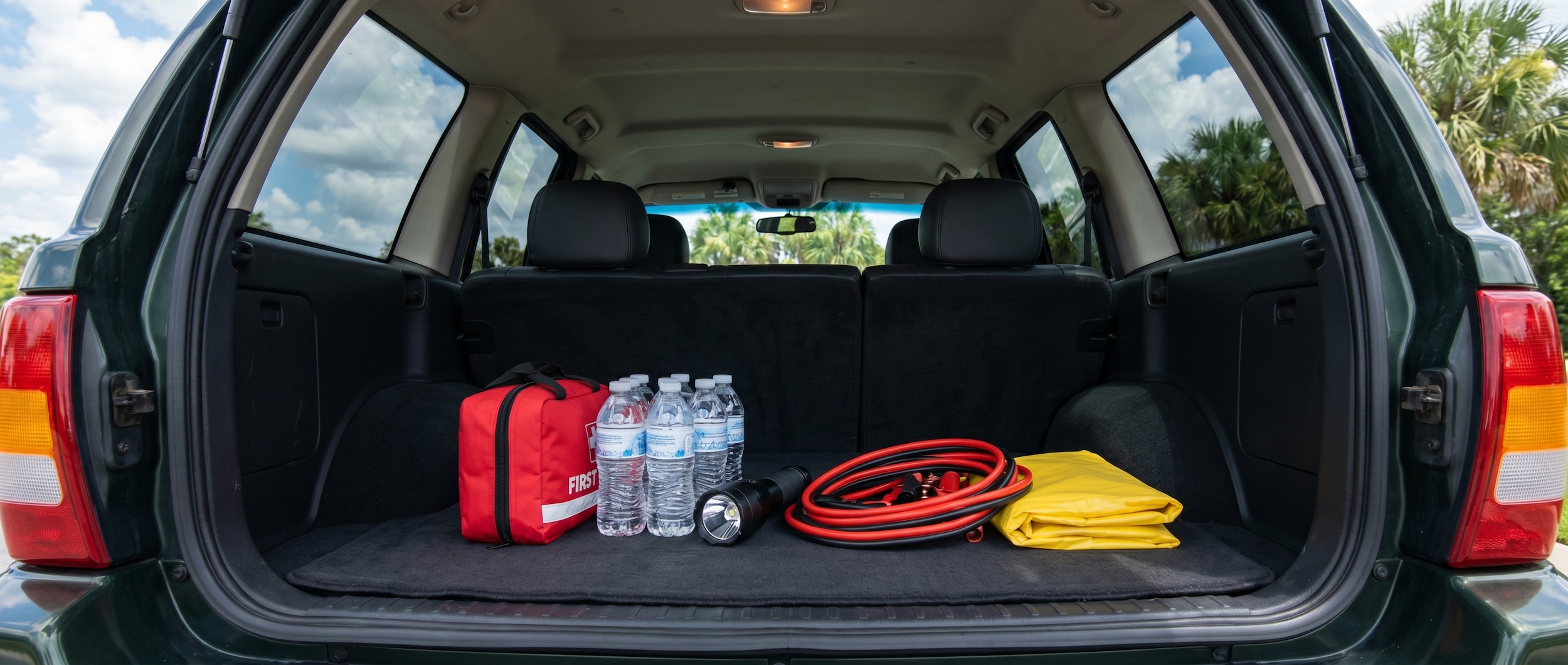 Vehicle emergency kit essentials for summer storms in Panama City, FL with Jeep Grand Cherokee cargo area