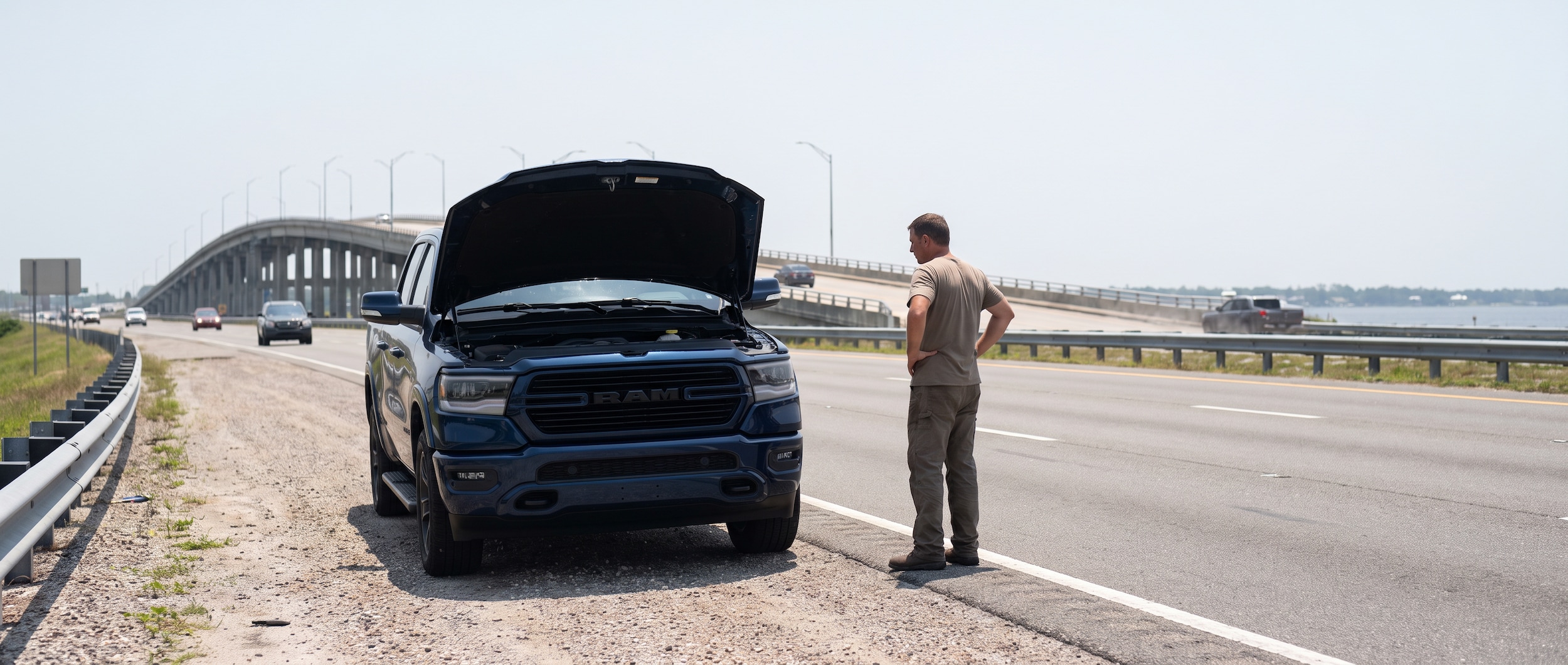 2026 Ram 1500 with hood raised on a Panama City, FL road on a hot August day, driver standing safely away from the vehicle