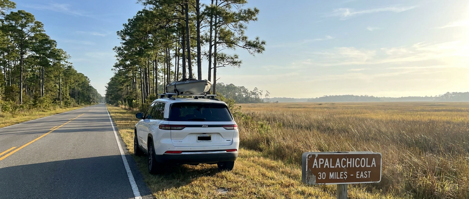 2026 Jeep Grand Cherokee on a two-lane Florida Panhandle highway near Apalachicola