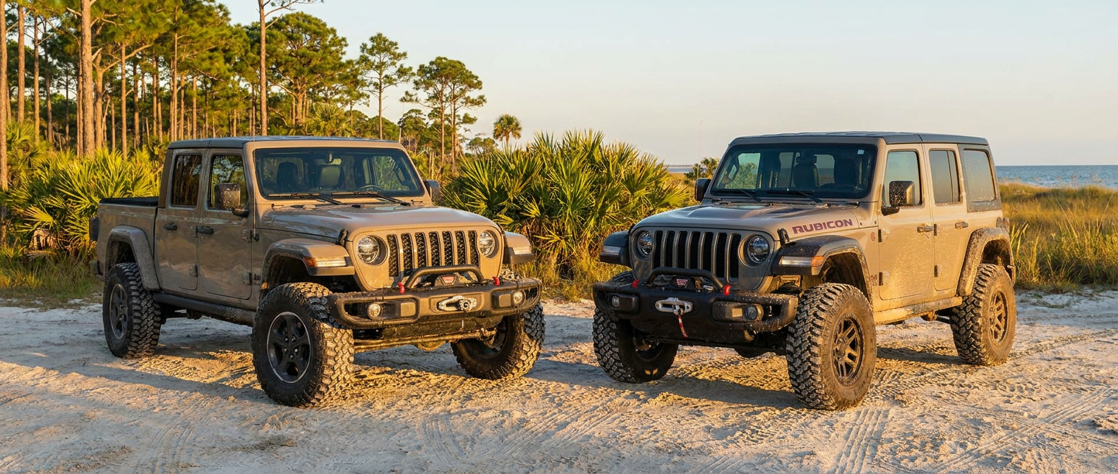 2026 Jeep Gladiator and 2026 Jeep Wrangler side by side on a sandy Florida Panhandle trail