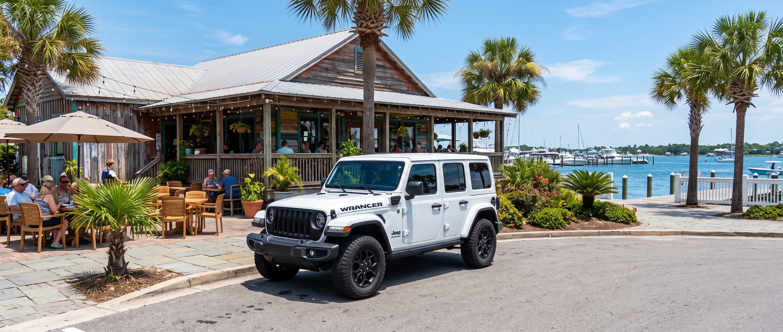 2026 Jeep Wrangler parked near Historic St. Andrews waterfront lunch spot in Panama City FL