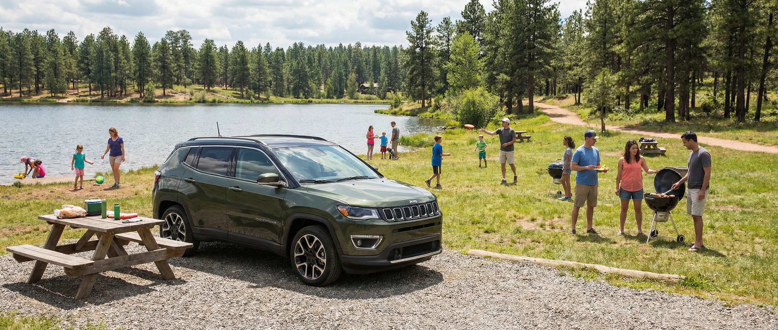Jeep Compass loaded with picnic gear at St. Andrews State Park near Birmingham, AL