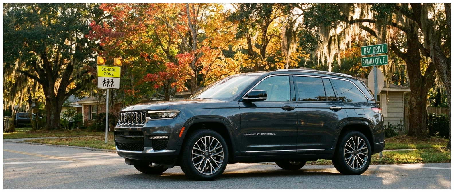 2026 Jeep Grand Cherokee parked near a Panama City school zone in fall afternoon light