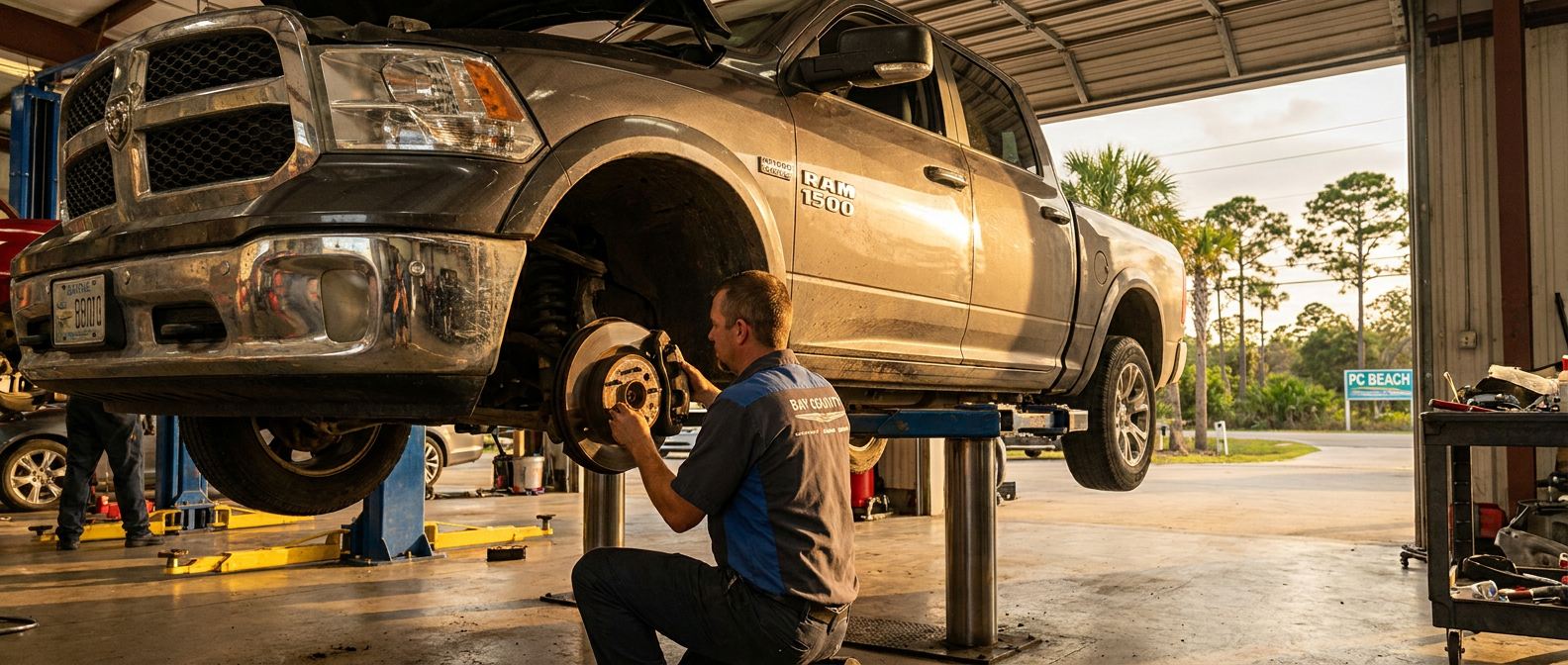Service technician inspecting brake caliper and rotor on a Ram 1500 at a Panama City, FL dealership before holiday travel on US-98