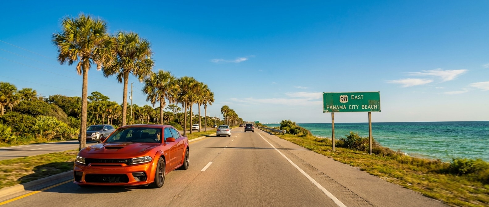 2025 Jeep Wrangler 4xe parked at a Gulf Coast beach access point near Panama City, FL