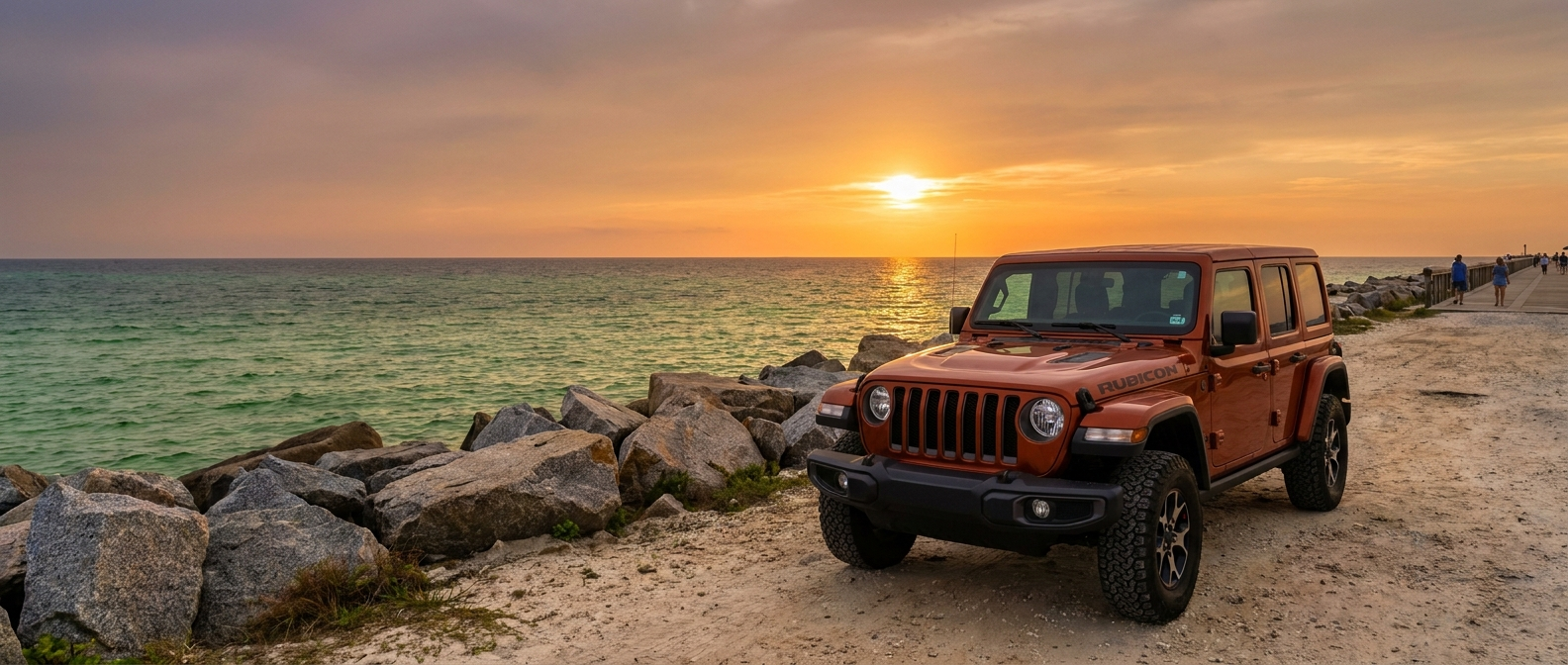 2026 Jeep Wrangler at St. Andrews State Park jetty near Panama City FL at fall sunset
