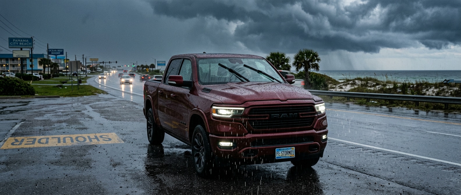 2026 Ram 1500 driving through a heavy Florida downpour on a Panama City highway with headlights on and wipers running