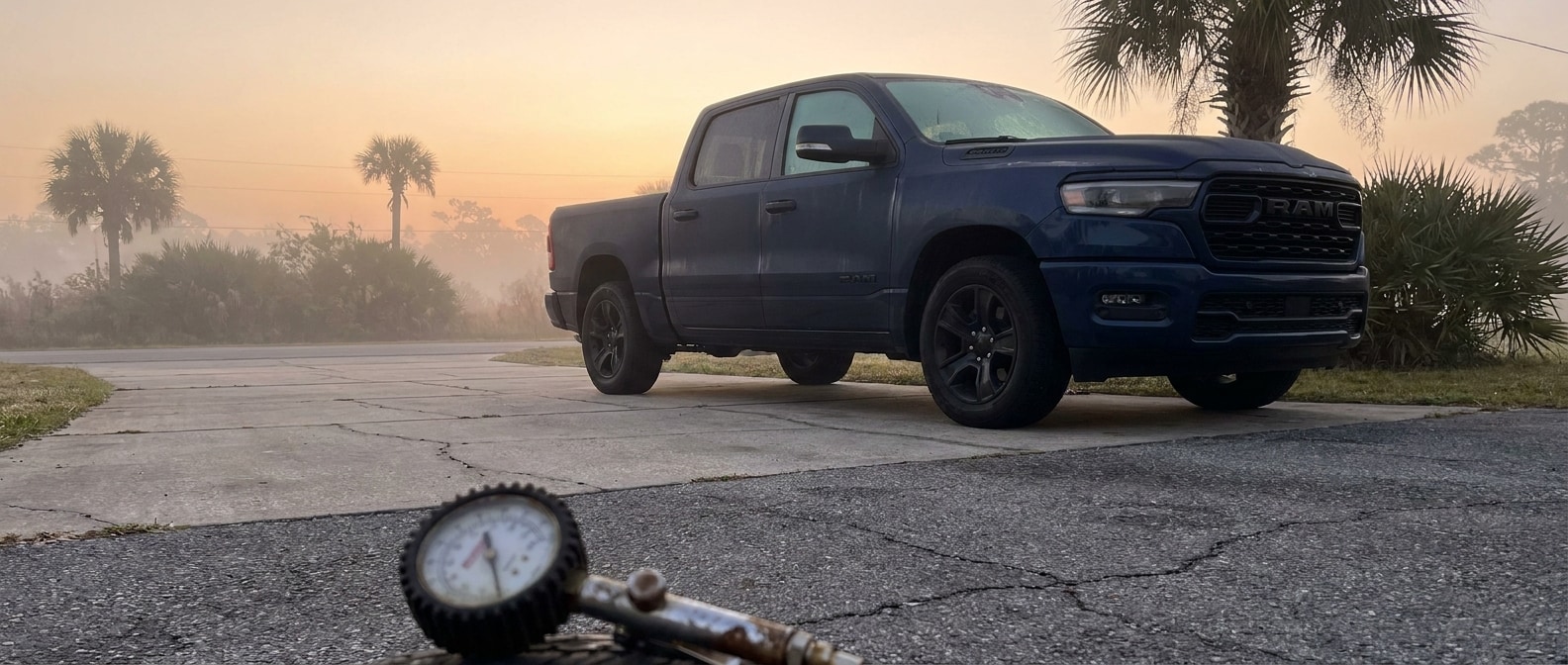 2026 Ram 1500 in a Panama City FL driveway at dawn with a tire pressure gauge in the foreground on a cool October morning
