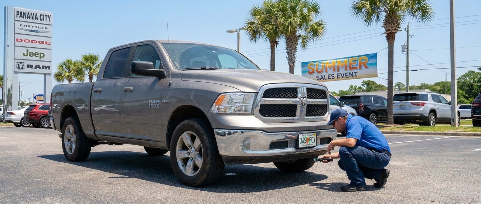 Service technician inspecting used Ram 1500 undercarriage at a Panama City, FL dealership lot