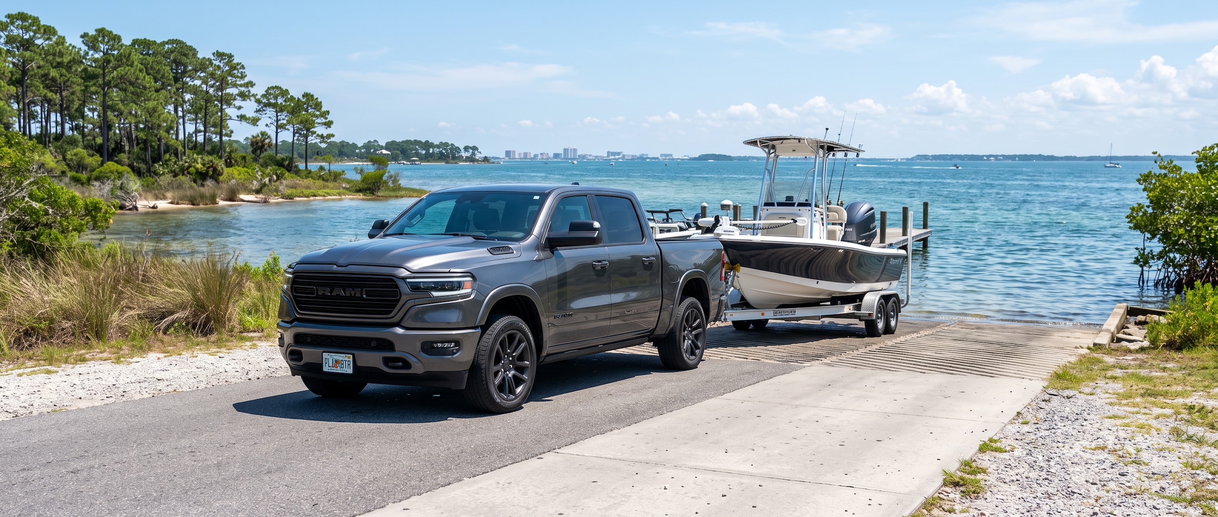2026 Ram 1500 towing a bay boat to a Panama City, FL boat ramp on a clear summer morning