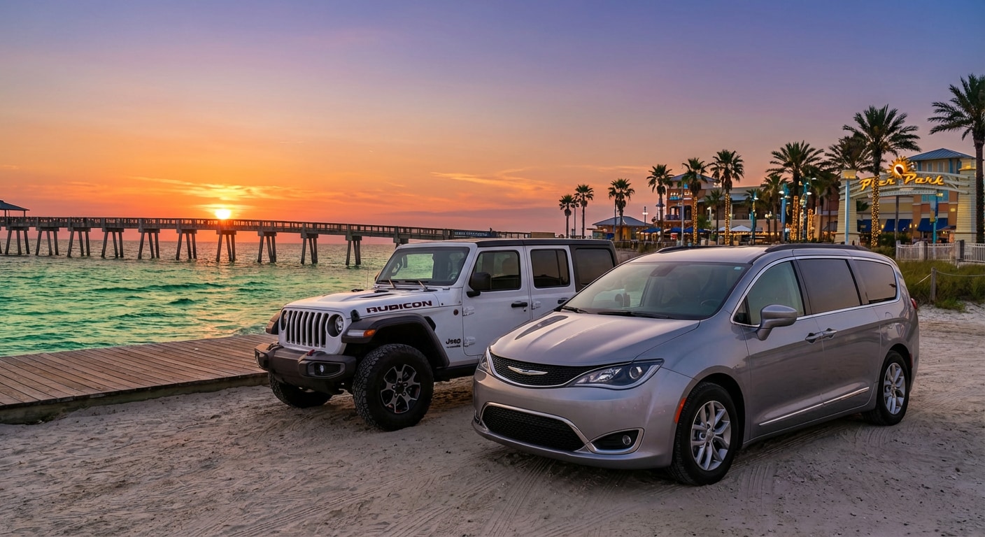 Jeep Wrangler with open-air top parked near Pier Park in Panama City Beach FL.