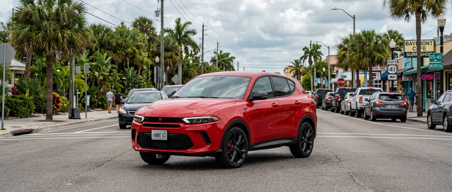2025 Dodge Hornet GT on a Panama City, FL commuter street with Florida summer skyline