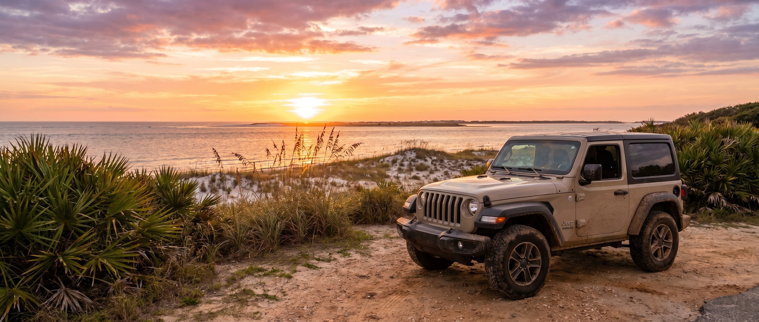Jeep Wrangler at scenic summer drive location near Panama City FL
