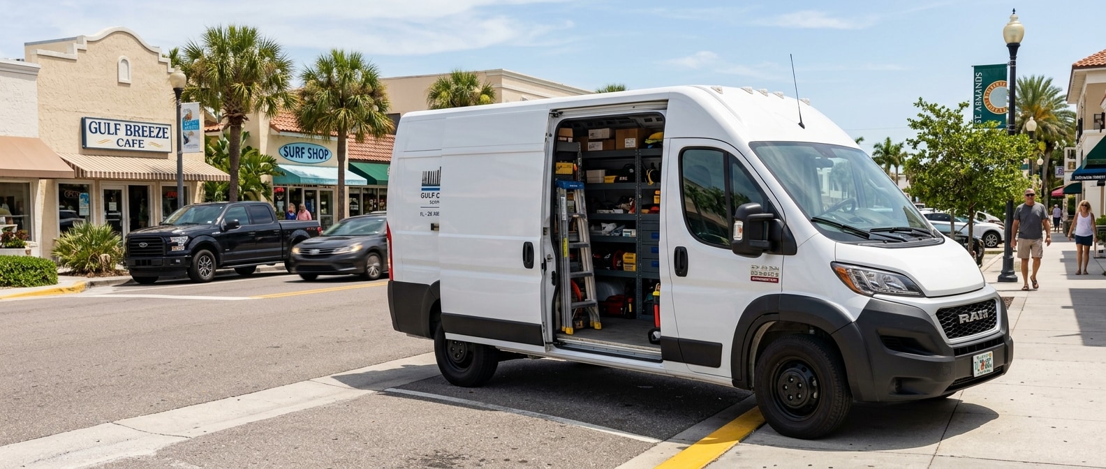 2026 Ram ProMaster cargo van with sliding door open, curbside commercial delivery, Panama City FL