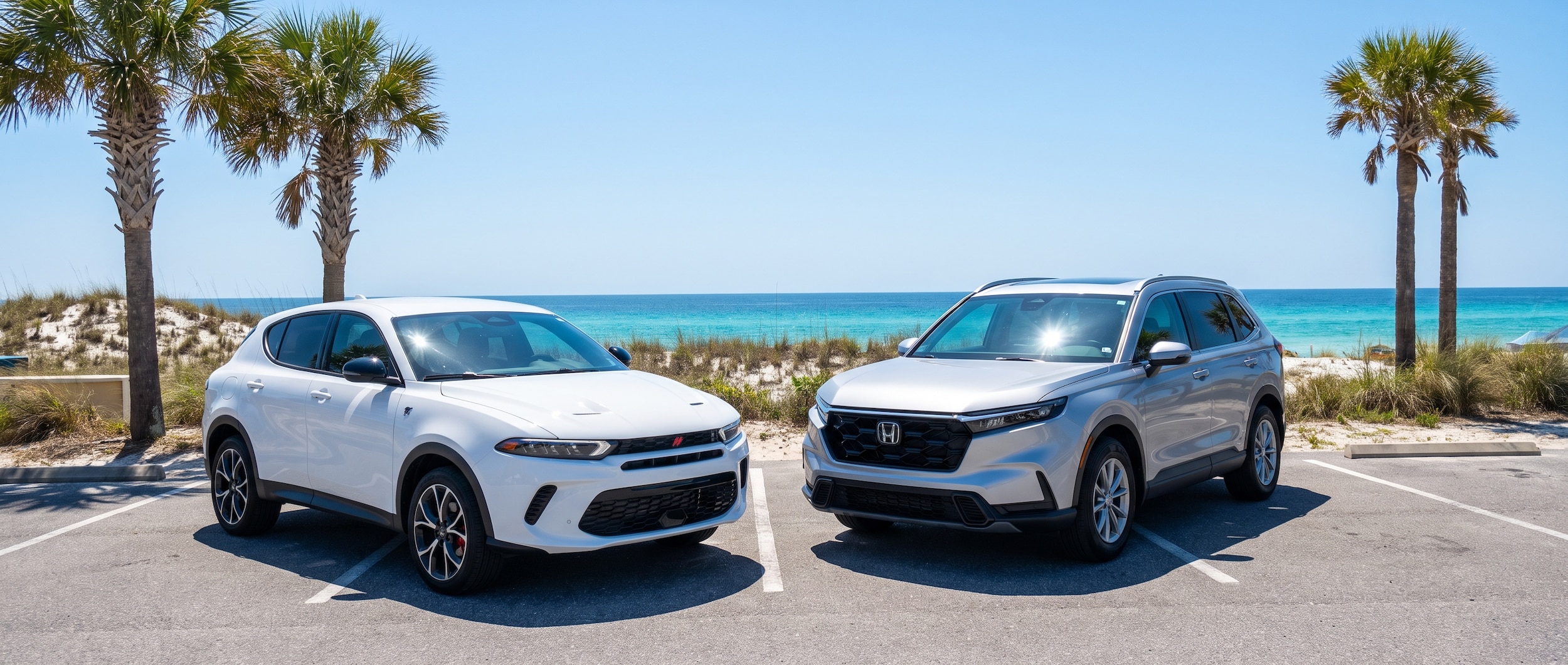 2025 Dodge Hornet R/T next to a 2026 Honda CR-V in a Panama City, FL coastal parking lot