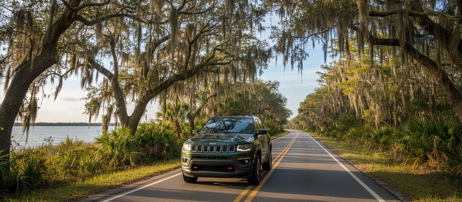 Jeep Compass on Florida highway road trip from Panama City to Tallahassee near Birmingham AL