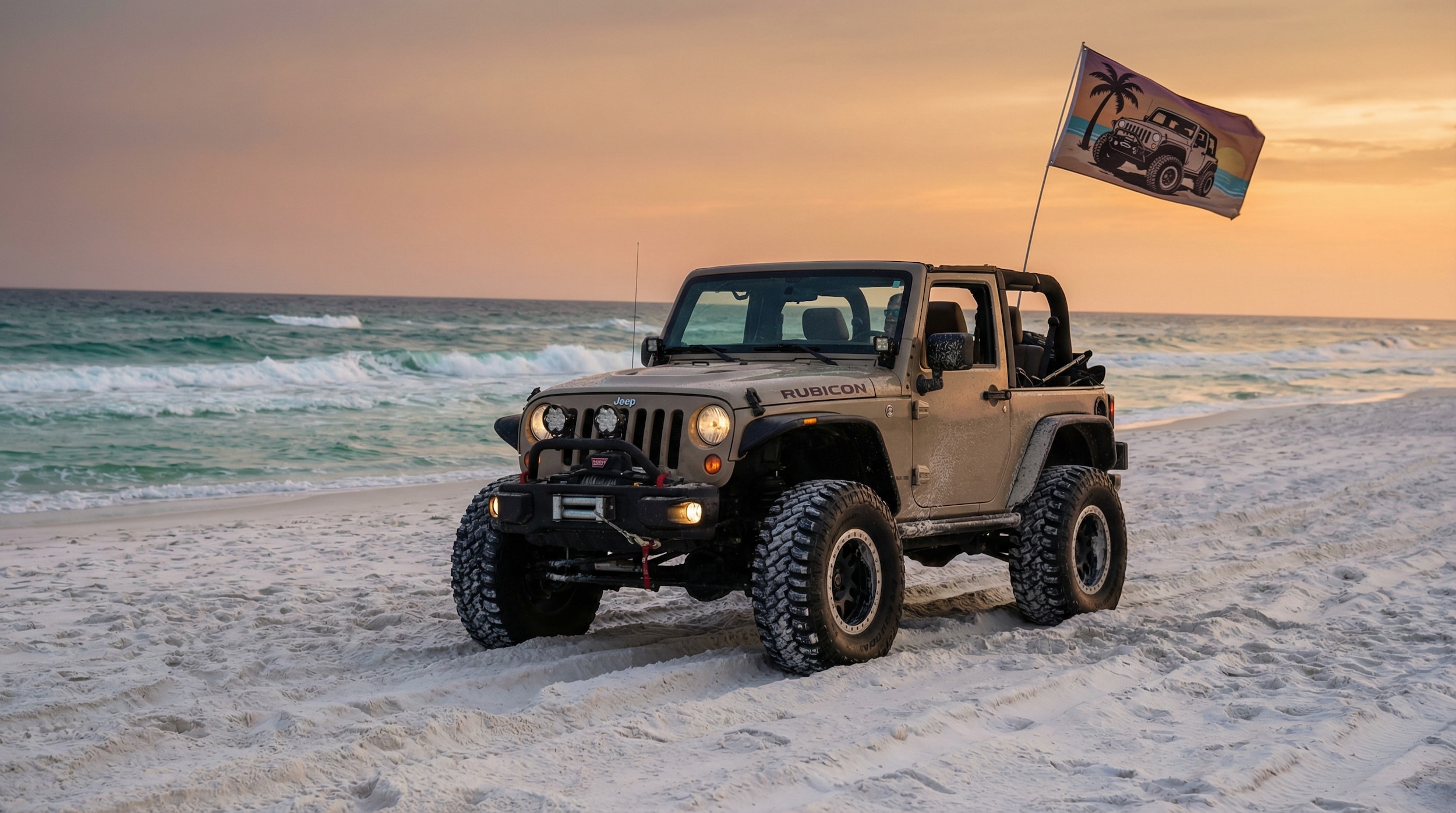 Jeep Wrangler Rubicon navigating soft sand during Florida Jeep Jam in Panama City.