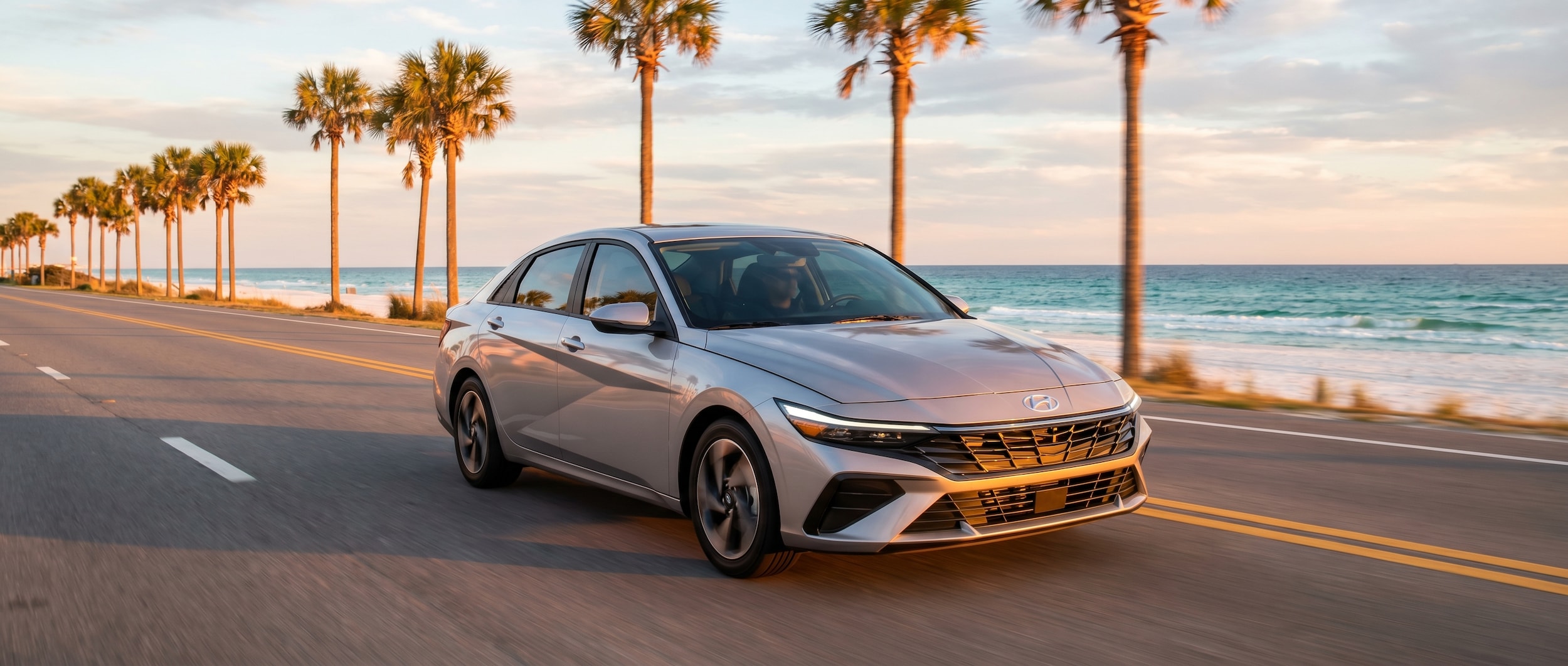 Hyundai Elantra driving on Panama City Beach coastal highway in Florida summer
