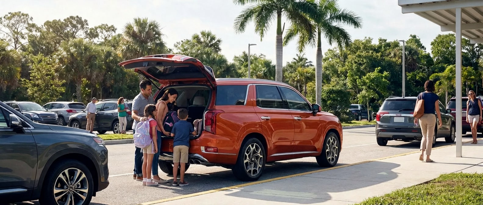 2026 Hyundai Palisade at a Panama City school pickup lane with liftgate open on a sunny Florida morning
