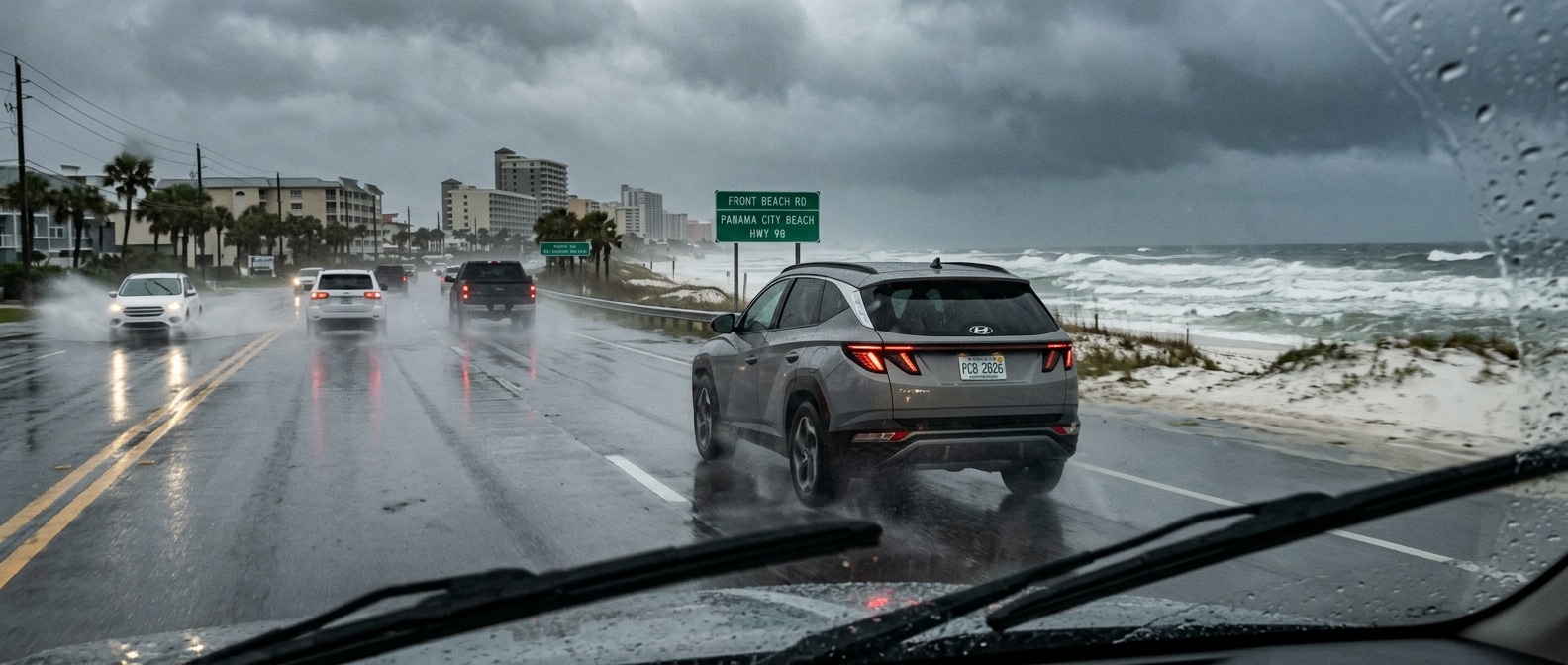 2026 Hyundai Tucson driving on a wet Front Beach Road in Panama City Beach Florida during a Gulf Coast rainstorm