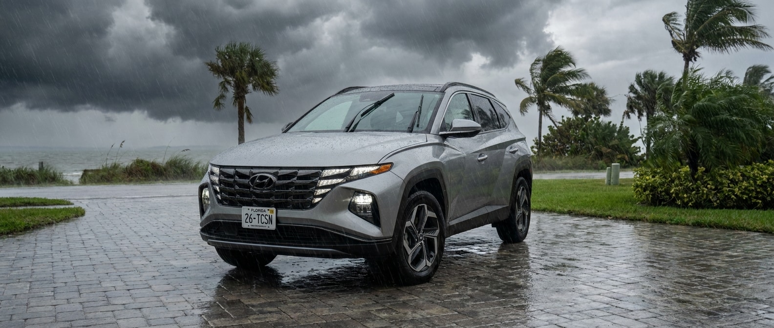 A 2026 Hyundai Tucson parked in a Florida driveway during a heavy rainstorm, windshield wipers running, with dark storm clouds rolling in from the Gulf Coast in the background, summer 2026