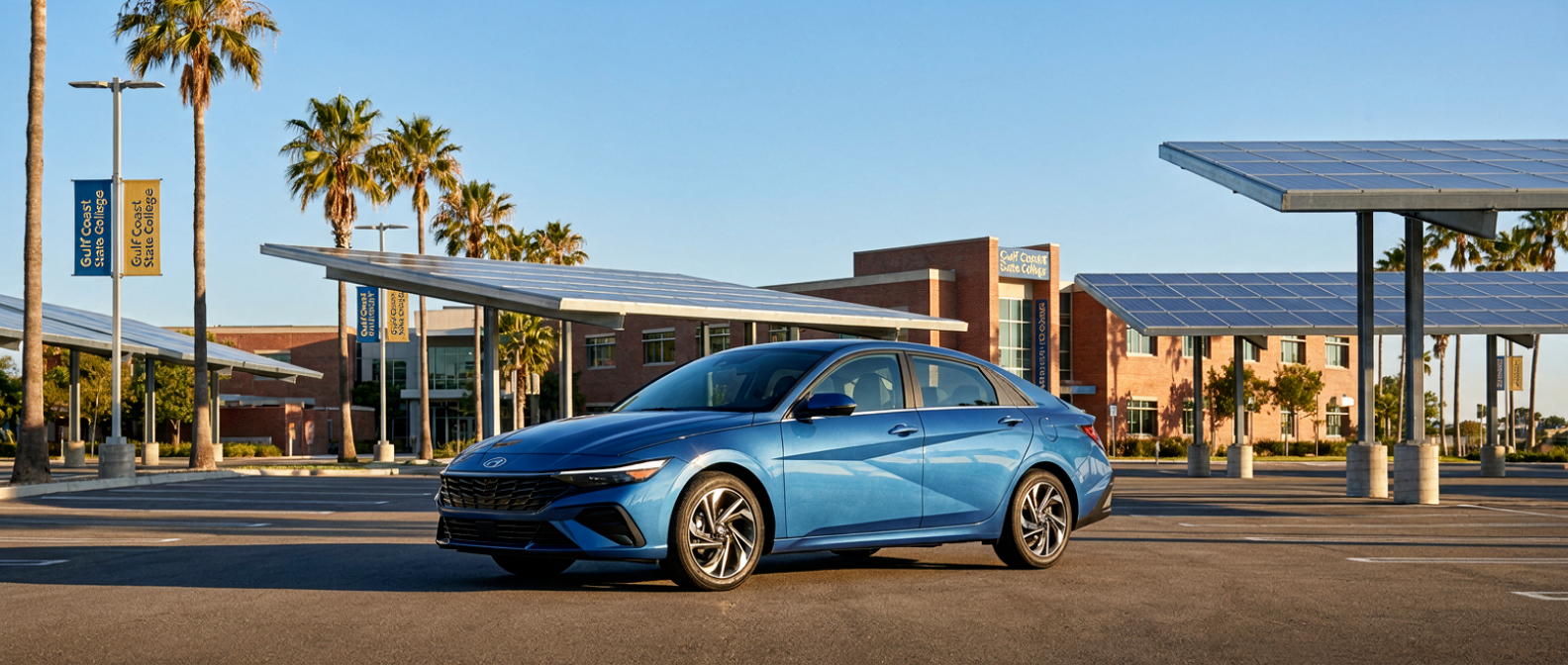 2026 Hyundai Elantra parked near a Florida Gulf Coast college campus on a sunny day